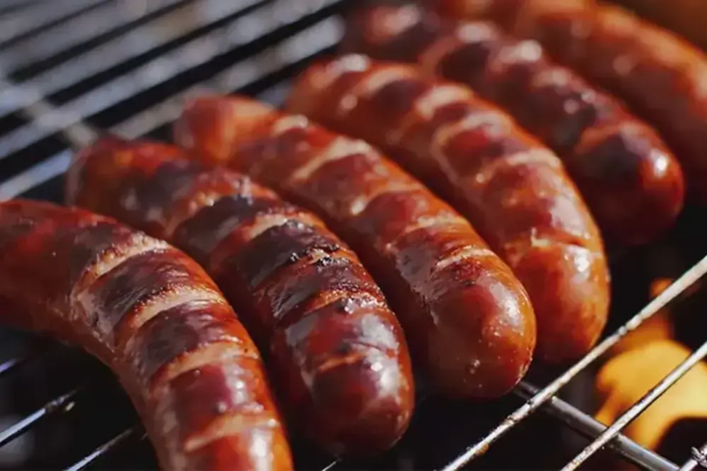 Sosis bakar dengan alat panggangan sosis