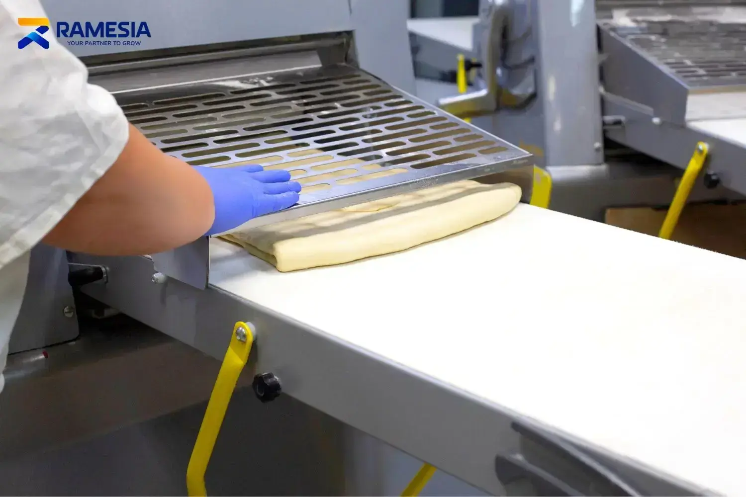Baker Menggunakan Dough Sheeter Baker menipiskan adonan dengan dough sheeter
