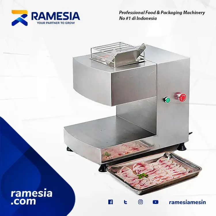 Model & Tipe : FMC 20 Voltase : 220-240V Frekuensi : 50/60Hz Daya Listrik : 750 Watt Kecepatan Putaran Pisau : 1600 rpm Ketebalan Potong : 0-15 mm Material : Stainless Steel Berat : 52 Kg Dimensi : 535 mm x 385 mm x 490 mm Mesin Pemotong Daging Segar